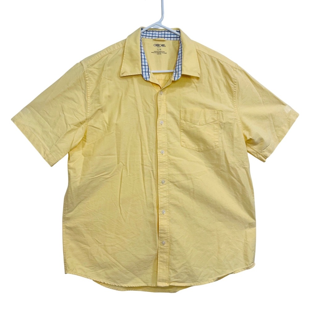 Cherokee‎ Mens Yellow Short Sleeve Button Down Shirt Plaid Collar Cotton Large